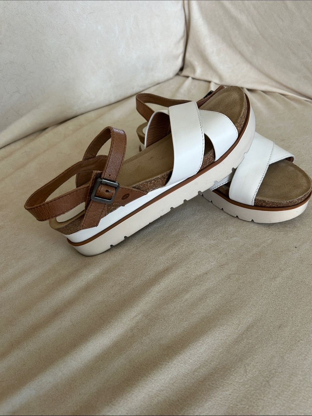 Josef Seibel White and Tan Leather Crisscross Slingback Sandals